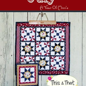 Op de afbeelding: Een rood, wit en blauw quiltblok met een stervormig patroon. Het quiltblok is omlijst met een rood, wit en blauwe rand. Het quiltblok is gelabeld met "#295" en "This & That" met de tekst "Original Quilt Patterns by Sherri K. Falls".
