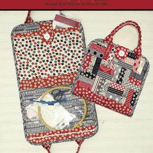 May include: Two red and grey fabric bags with handles. The larger bag has a clear plastic window and a zipped pocket. The smaller bag has a button closure. The bags are labelled "This & That" and "Tag-Along" with the number "215".