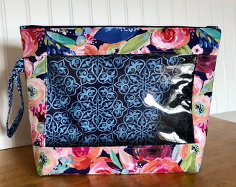 Knitting, Crochet or Embroidery pouch-Whatcha Got Bag Navy Garden Blossoms