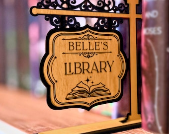 Personalized Library Sign Display | Wooden Custom Book Decor, Library Bookshelf Book Nook | Gift for Reader, Book Lover | Bookish Stand