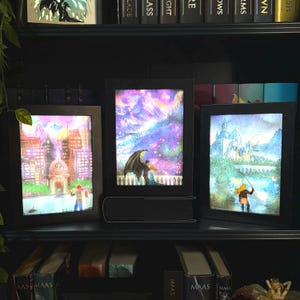 Trío de luz de estrellas, luz de luna, pino y nieve, caja de imágenes retroiluminada / caja de luz 3D, decoración de libros para lectores, regalo único para bibliófilos amantes de los libros