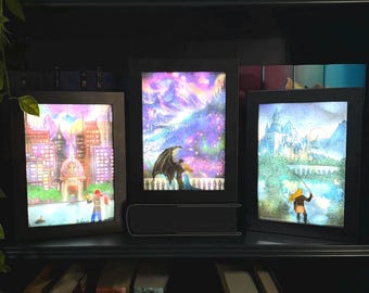 Starlight, Moonlight, Pine & Snow Trio, Backlit Picture Box | 3D Light Box Bookish Decor for Reader, Unique Gift for Book Lover Bibliophile