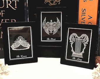 The Trove Framed Fan Art Prints | City of Starlight Bookshelf Bookish Decor BookNook Mask Crown Harp | Unique BookTok Lover Bibliophile Gift