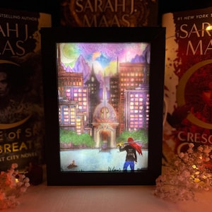 Caja de imágenes con iluminación de fondo City of Moonlight para rincones de libros / Caja de luz con sombras 3D Decoración literaria para lectores / Regalo único para bibliófilos amantes de BookTok
