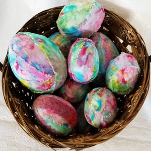 Set of 6 Tie Dyed Batik Fabric Covered Easter Eggs in Three Sizes - Basket Fillers - Tiered Tray Accents - Boho Hippie Easter Eggs