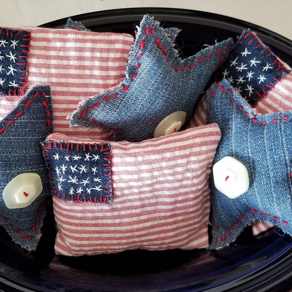 Rustic Americana Bowl Fillers-Set of 6 Stars and Flags-Tiered Tray-Tuck Ins-Summer Red, White, Blue-Denim Stars-Country Décor-Rustic Décor