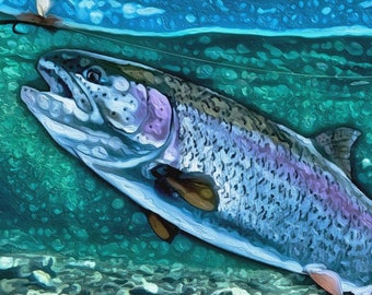 RAINBOW TROUT Fine Art Canvas Giclee Print - Fly Fishing Gift, Cottage Home Decor
