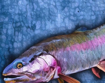 RAINBOW TROUT Fine Art Canvas Giclee Print - Fly Fishing Gift, Cottage Home Decor