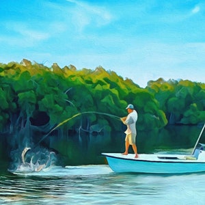 TARPON FISHING SCENE Boat Fine Art Canvas Giclee Print - Florida Inshore Saltwater Gift For Men, Coastal Cottage Home Decor Wall Art Sign