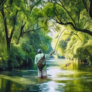 FLY FISHING SCENE Fine Art Canvas Giclee Print - Freshwater Creek Fish Gift For Men Women, Cottage Man Cave Home Decor Wall Art Sign