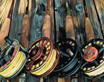 May include: A close-up of seven vintage fly fishing reels on a wooden surface. The reels are in various colors, including red, black, and yellow. The reels are arranged in a row, with the spools facing the viewer. The wooden surface is weathered and has a rustic appearance.