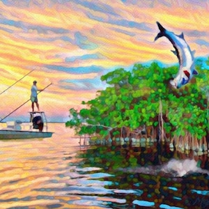 FISHING SCENE Tarpon Boat Fine Art Canvas Giclee Print - Florida Inshore Saltwater Gift For Men, Coastal Cottage Home Decor Wall Art Sign