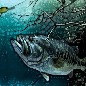 LARGEMOUTH BASS Fine Art Canvas Giclee Fish Print - Freshwater Fish Gift For Men Women, Cottage Man Cave Home Decor Wall Art Sign