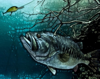 LARGEMOUTH BASS Fine Art Canvas Giclee Print - Freshwater Fishing Gift, Cottage Home Decor
