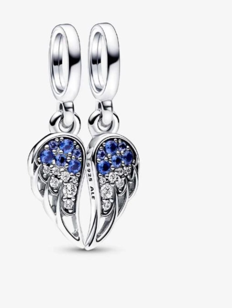 May include: A pair of silver dangle earrings shaped like angel wings. Each wing is adorned with a cluster of blue and clear gemstones. The earrings have a polished finish and are suspended from a simple hoop.