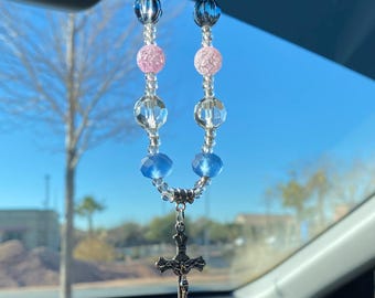 Beaded Car Accessory, Rearview Mirror Charm with Cross, Car Interior Decoration