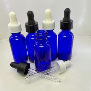 1 oz Cobalt Blue Dropper Bottle 30ml Boston Round, Black/White Bubble-Tip Cap, Empty DIY Serum Tincture Supply