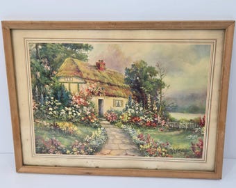 Vintage-Kunstdruck eines englischen Reetdachhauses, gerahmt unter Glas, Landhausdeko