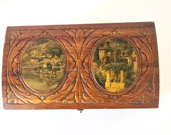 Vtg Carved Wood Decoupage Jewelry Box Leaf Design Old World