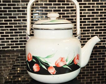 Tetera vintage de esmalte floral, decoración de cocina estilo granja cottagecore, tetera retro de esmalte