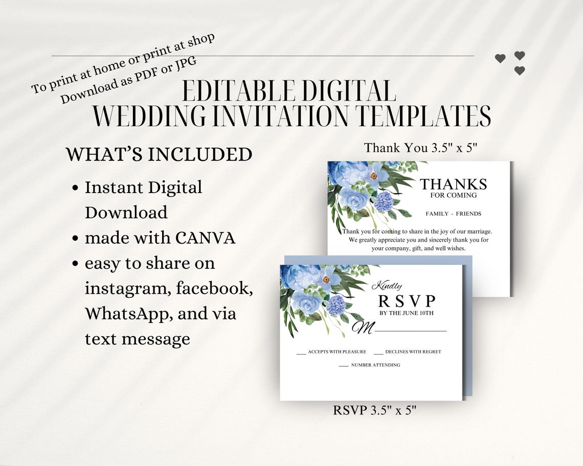Elegant Editable Printable Blue Wedding Invitation Template - Etsy
