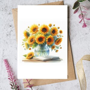 Tarjeta de felicitación floral con diseño de girasoles. Interior en blanco para cualquier ocasión. Tarjeta de cumpleaños personalizada.
