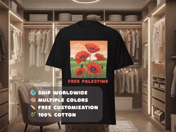 Palestine Solidarity Artwork Tee Shirt Unisex Cotton Top Gaza Charity Fundraiser Merch Custom Black Gym Top