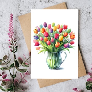 Leere bunte Tulpen Grußkarte - Aquarell Blumen Kunst - Für alle Anlässe - Personalisierte Geburtstag, Gute Besserung Karte