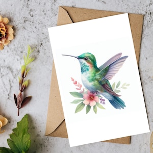 Tarjeta para amantes de la naturaleza, colibrí de acuarela, pájaro colorido, tarjeta de cumpleaños personalizada para amantes de las mascotas, tarjeta de pronta recuperación para mamá