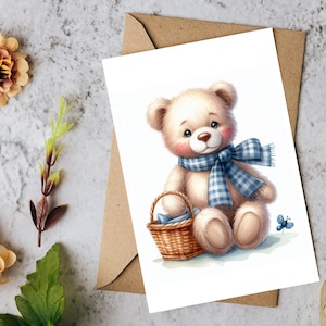 Elegante bloemenwenskaart – met de hand geïllustreerde teddybeer – optie aangepaste tekst – gepersonaliseerde kaart voor verjaardag, jubileum en liefde