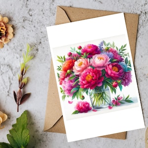Tarjeta floral en blanco con diseño de rosas y peonías. Tarjeta de felicitación para cualquier ocasión. Tarjeta personalizada de cumpleaños, aniversario y boda.