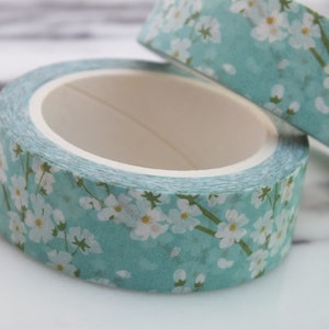 Ruban adhésif floral turquoise - Petit motif de fleurs blanches pour journal, scrapbooking, agendas, travaux manuels, fournitures pour Bullet Journal