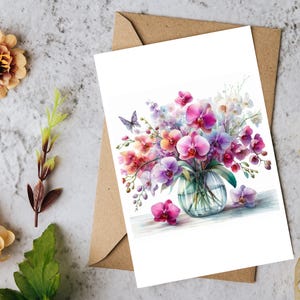 Elegante biglietto d'auguri floreale - Peonie, rose e fiori illustrati a mano - Opzione testo personalizzato - Biglietto di compleanno personalizzato
