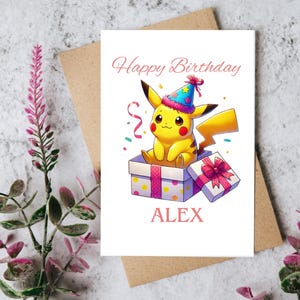 Cartão de feliz aniversário personalizado Pikachu Cartão de Pokémon personalizado para filho, marido, irmão, sobrinho, cartão de aniversário Mewtwo, cartão de aniversário Squirtle