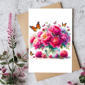 Florale Karte für alle Anlässe - Innenseite leer für Ihre persönliche Nachricht - Rosen und Pfingstrosen Illustration