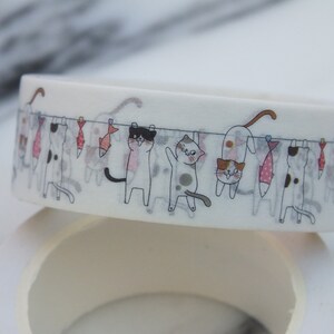 Cat Washi Tape – White Tape with Cats Hanging on a Clothing Line for Journaling, Scrapbooking, Planners, Crafts, Cat Lovers