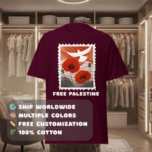 Free Palestine T Shirt with Symbols of Palestine - Pro Palestine Graphic Shirt with Custom Text in Multi Colours - Proceeds to Gaza