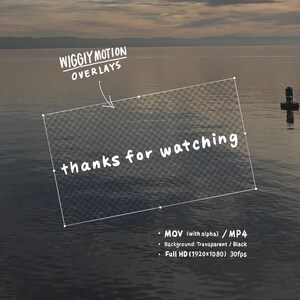 Könnte beinhalten: Eine Meereslandschaft mit dem Text "WIGGIY MOTION OVERLAYS" und "thanks for watching." Das Bild enthält auch technische Details: MOV (mit Alpha) / MP4, Hintergrund: Transparent / Schwarz und Full HD (1920x1080) 30fps.