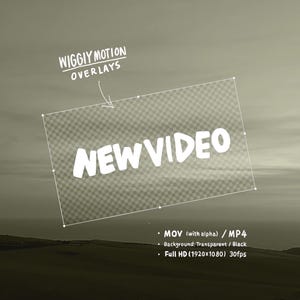 May include: A sepia-toned image featuring the text "NEW VIDEO" in a white, bold font, within a transparent rectangle. Above, the text "WIGGIY MOTION OVERLAYS" is displayed. Additional details include "MOV (with alpha) / MP4" and "Full HD (1920x1080) 30fps".
