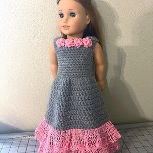 Crocheted doll dress for 18” dolls - full length, grey with pink lace and flowers