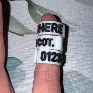 May include: Three white plastic rings with black text stacked on a finger. The top ring reads "HERE", the middle ring reads "ICOT.", and the bottom ring reads "01234". The rings are likely used for identification or organization.