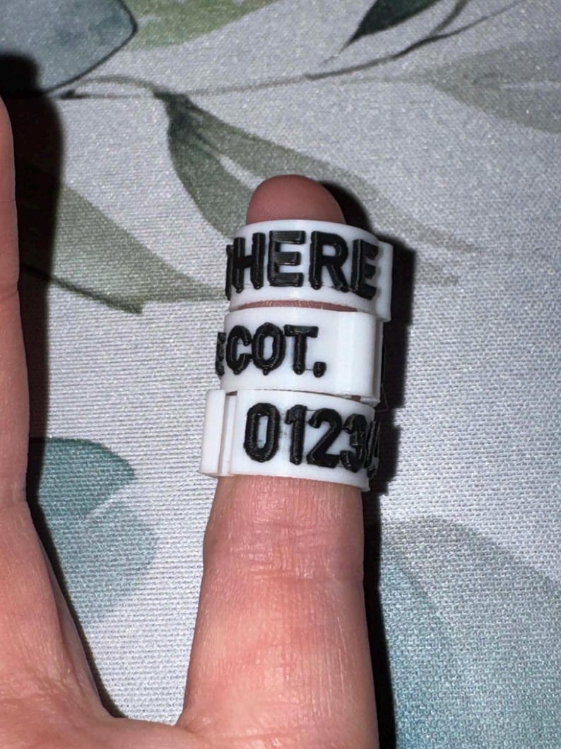 May include: Three white plastic rings with black text stacked on a finger. The top ring reads "HERE", the middle ring reads "ICOT.", and the bottom ring reads "01234". The rings are likely used for identification or organization.