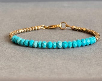 Turquoise Bracelet, Gold Pyrite, 14K Gold Filled Clasp, Boho Style