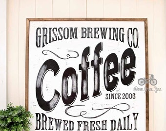 CUSTOMIZED COFFEE Hand Painted Sign, Wooden With Trim, 24"x24" Vintage Advertising Inspired, Blogger, Gallery Wall, Kitchen, Coffee Bar
