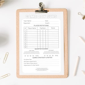 Netball Game Day Subs Vorlage | Druckbare Spielerrotation und Punktzahl! Schwarz-Weiß-Design