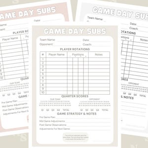 Könnte beinhalten: Ein druckbares Spieltag-Blatt mit Abschnitten für Spielerrotationen, Viertel-Scores und Spielstrategie und Notizen. Das Blatt ist für ein Team konzipiert, um seine Leistung zu verfolgen und Anpassungen während eines Spiels vorzunehmen.