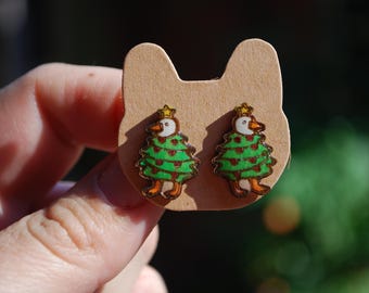 Christmas Tree Goose Earrings: Hand-Painted Wood, Christmas Tree Earrings, Christmas Earrings, Goose Earrings, Christmas Goose