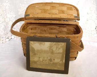 Vintage Lidded Picnic Basket | Small Woven Gathering Basket | Cottage Storage | Farmhouse Entertaining | Rustic Home Decor