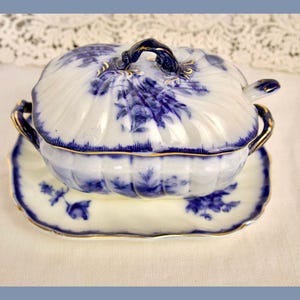 Antique Flow Blue Tureen Set with Ladle | Pembroke England Transferware Serving Dish | The Collected Table