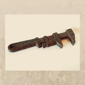 Antique Forged Steel Monkey Wrench, Rustic Industrial Farmhouse Decor, Initial Marked Tool